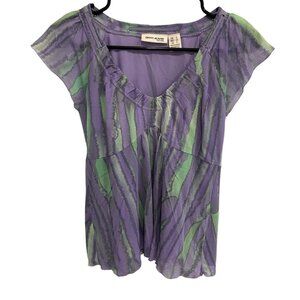 DKNY Jeans Petites Sheer Cap Sleeve Top Purple Green Stripe Sz S Y2K Silhouette
